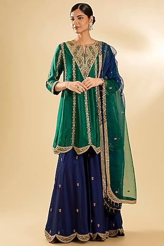Navy Blue Spun Silk Zardosi Work Sharara Set by SURBHI SHAH
