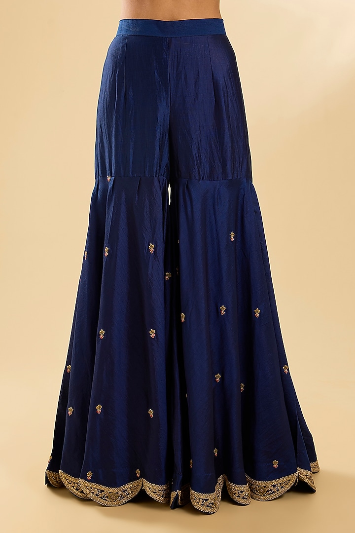 Navy Blue Spun Silk Zardosi Work Bridal Sharara Set by SURBHI SHAH at Pernia's Pop Up Shop