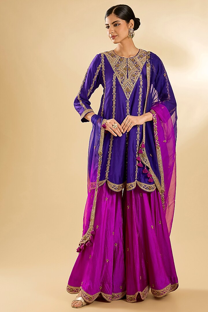 Magenta Spun Silk Zardosi Work Bridal Sharara Set by SURBHI SHAH at Pernia's Pop Up Shop