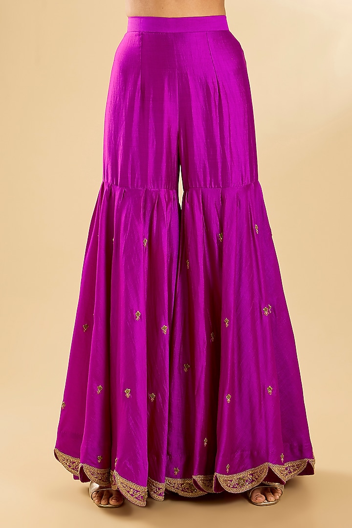 Magenta Spun Silk Zardosi Work Bridal Sharara Set by SURBHI SHAH at Pernia's Pop Up Shop