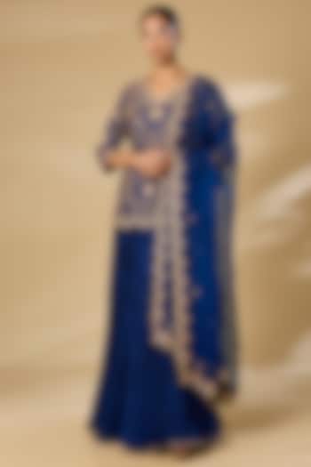 Navy Blue Kora Silk Skirt Set by SURBHI SHAH at Pernia's Pop Up Shop