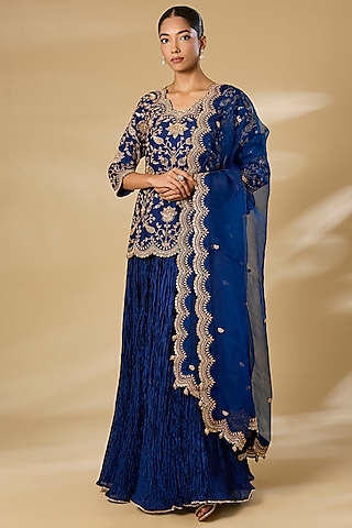 Navy Blue Kora Silk Skirt Set by SURBHI SHAH