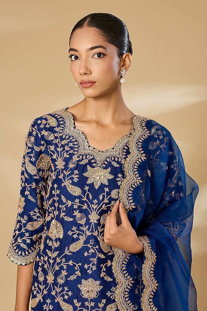 Navy Blue Kora Silk Skirt Set by SURBHI SHAH at Pernia's Pop Up Shop