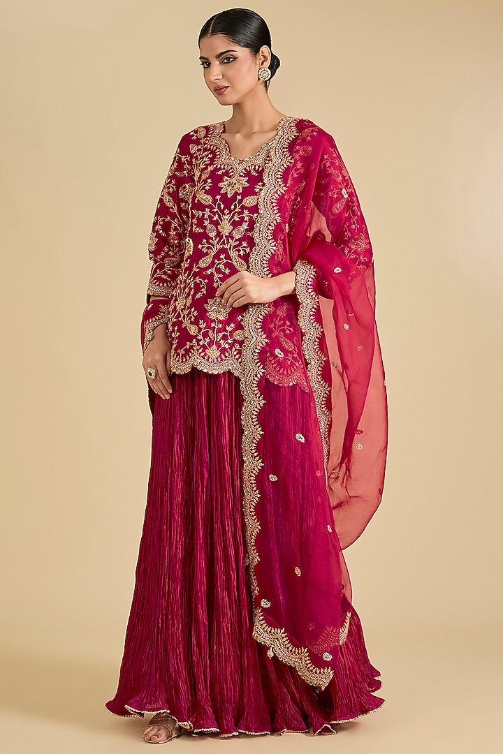 Maroon Spun Silk & Kora Silk Skirt Set by Surbhi Shah at Pernia's Pop Up Shop