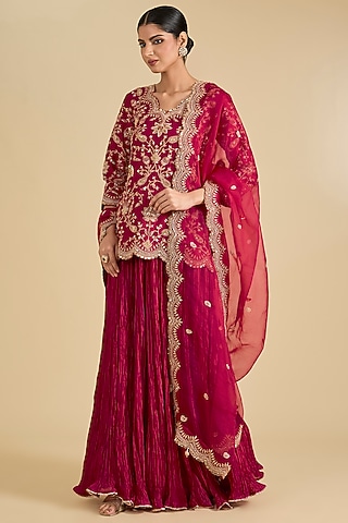 Maroon Spun Silk & Kora Silk Skirt Set by Surbhi Shah