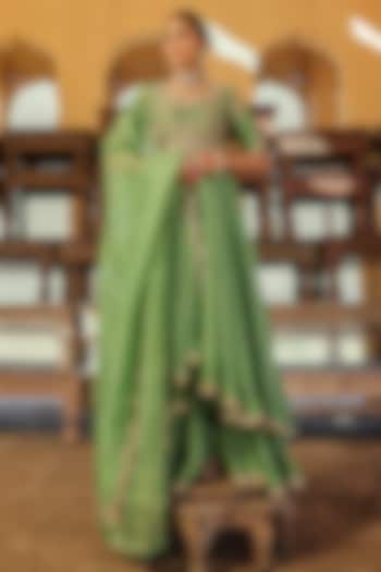 Powder Sage Green Silk Organza Marori Work High-low Bridal Anarkali Set by SURBHI SHAH at Pernia's Pop Up Shop