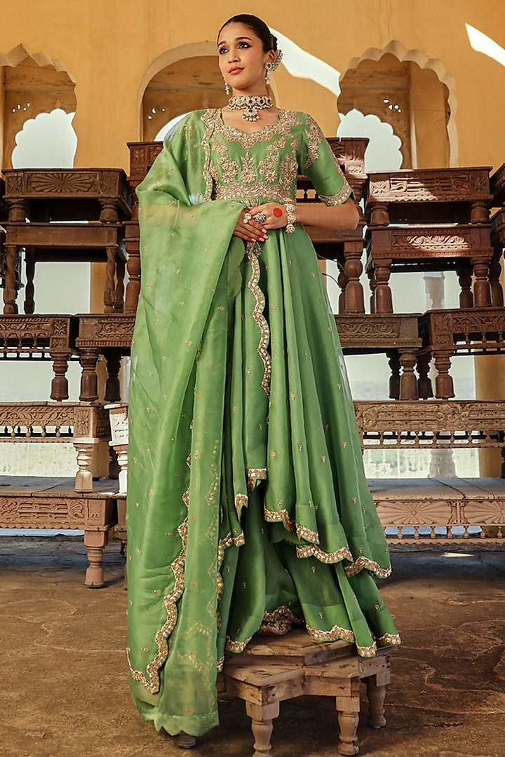 Powder Sage Green Silk Organza Marori Work High-low Bridal Anarkali Set by SURBHI SHAH at Pernia's Pop Up Shop