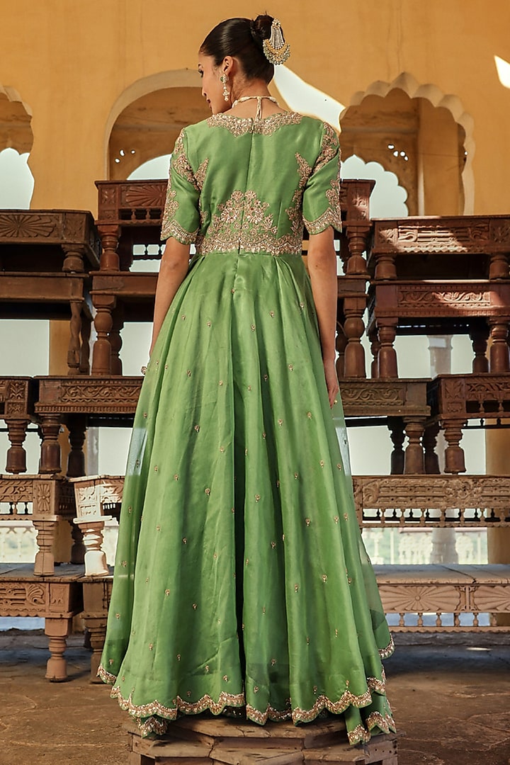 Powder Sage Green Silk Organza Marori Work High-low Bridal Anarkali Set by SURBHI SHAH at Pernia's Pop Up Shop