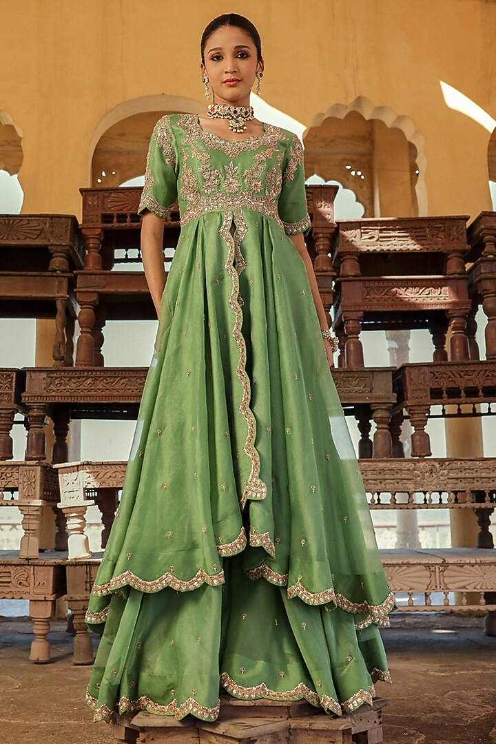 Powder Sage Green Silk Organza Marori Work High-low Bridal Anarkali Set by SURBHI SHAH at Pernia's Pop Up Shop