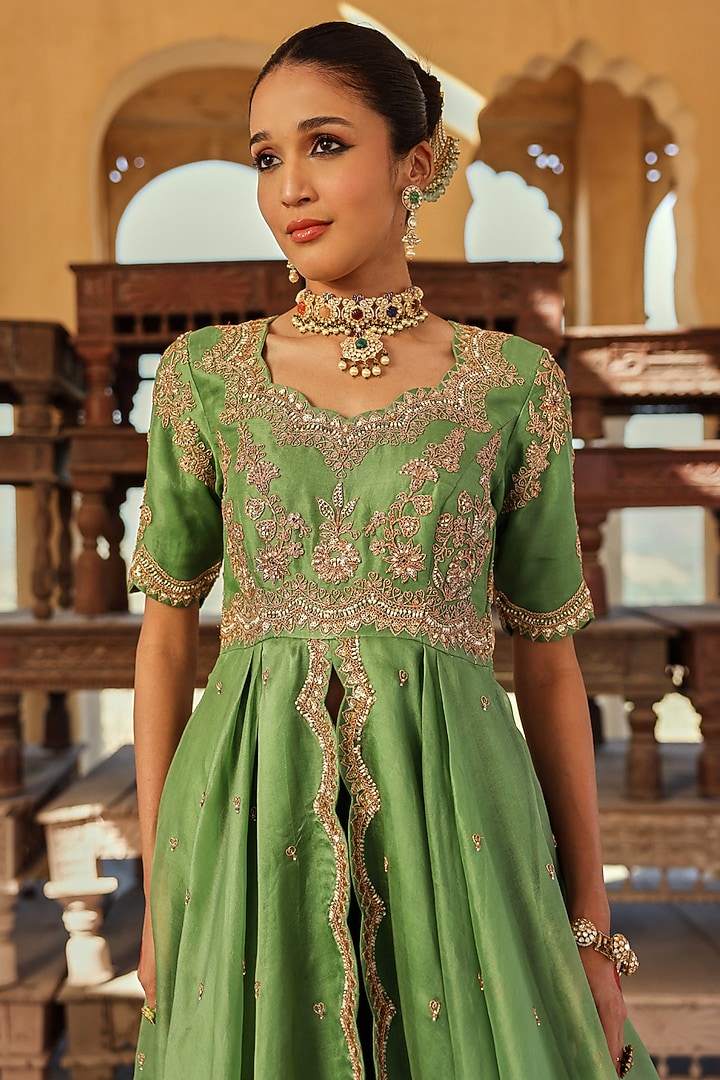 Powder Sage Green Silk Organza Marori Work High-low Bridal Anarkali Set by SURBHI SHAH at Pernia's Pop Up Shop