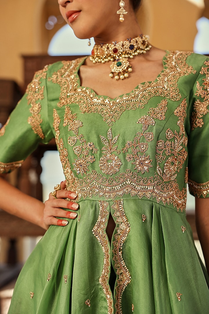 Powder Sage Green Silk Organza Marori Work High-low Bridal Anarkali Set by SURBHI SHAH at Pernia's Pop Up Shop