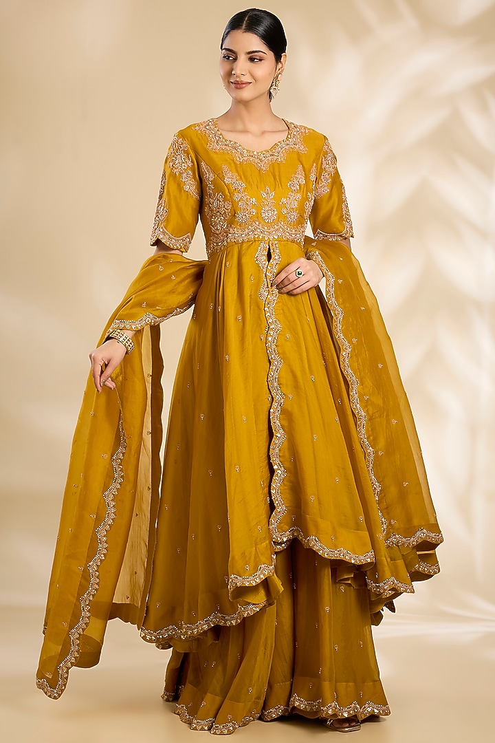 Mustard Organza Bridal Sharara Set by SURBHI SHAH at Pernia's Pop Up Shop