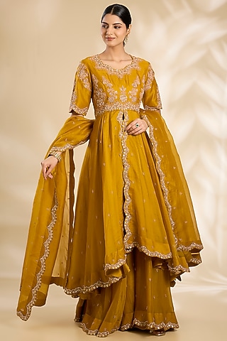 Mustard Organza Sharara Set by SURBHI SHAH