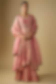 Pink Tissue Sequins Embroidered High-Low Kurta Set by SURBHI SHAH