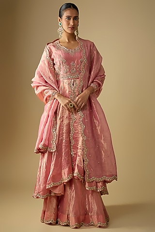 Pink Tissue Sequins Embroidered High-Low Kurta Set by SURBHI SHAH