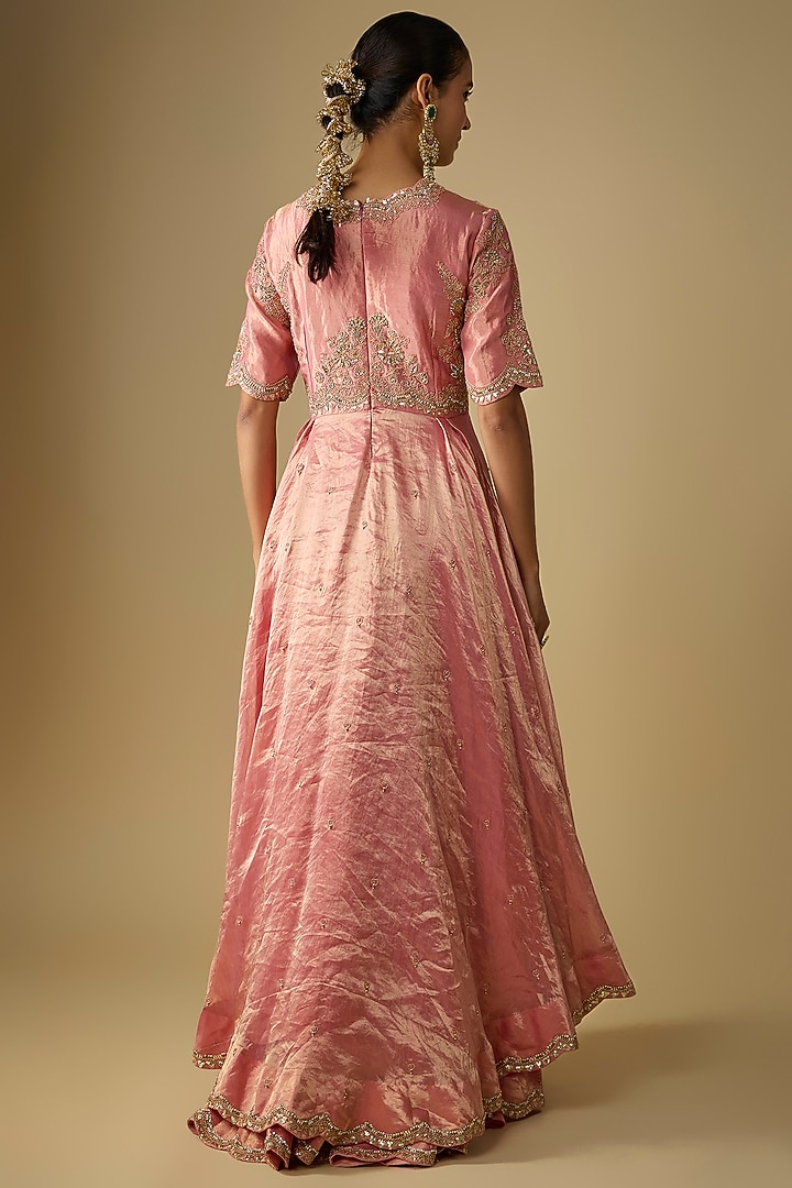 Pink Tissue Sequins Embroidered High-Low Kurta Set by SURBHI SHAH at Pernia's Pop Up Shop