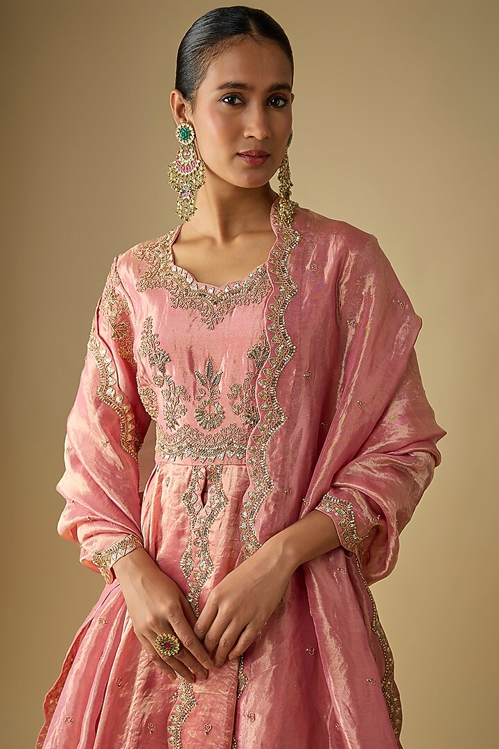Pink Tissue Sequins Embroidered High-Low Kurta Set by SURBHI SHAH at Pernia's Pop Up Shop
