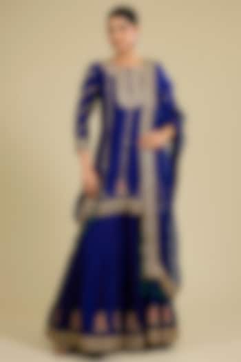 Deep Blue Spun Silk Marori Work Bridal Sharara Set by SURBHI SHAH at Pernia's Pop Up Shop