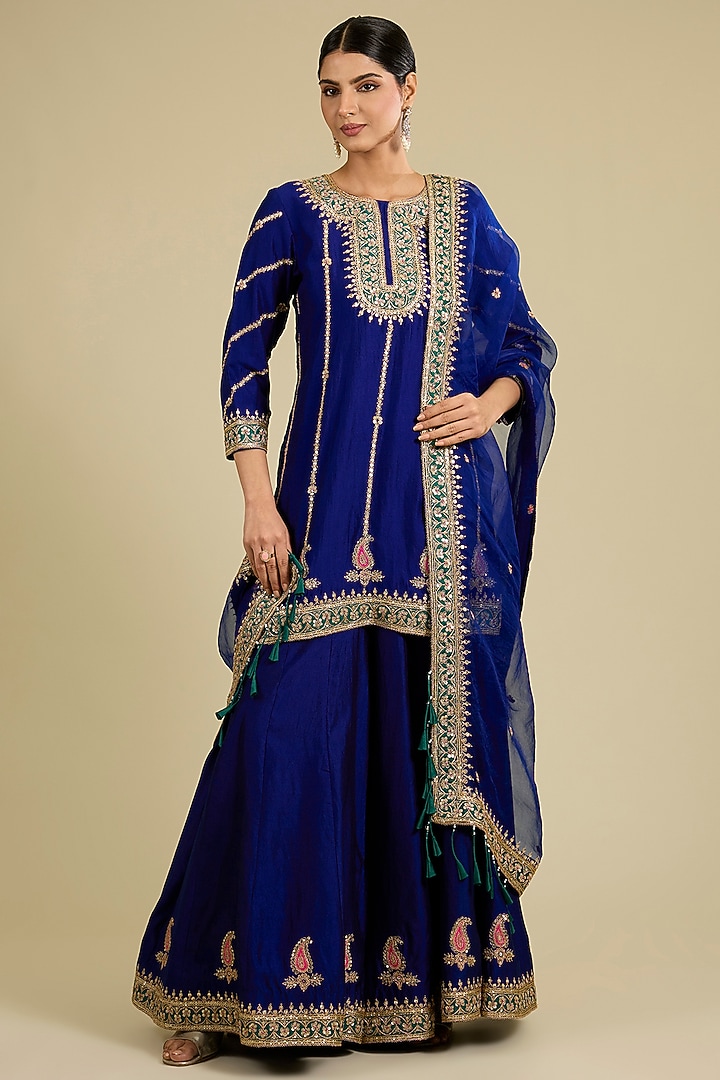 Deep Blue Spun Silk Marori Work Bridal Sharara Set by SURBHI SHAH at Pernia's Pop Up Shop