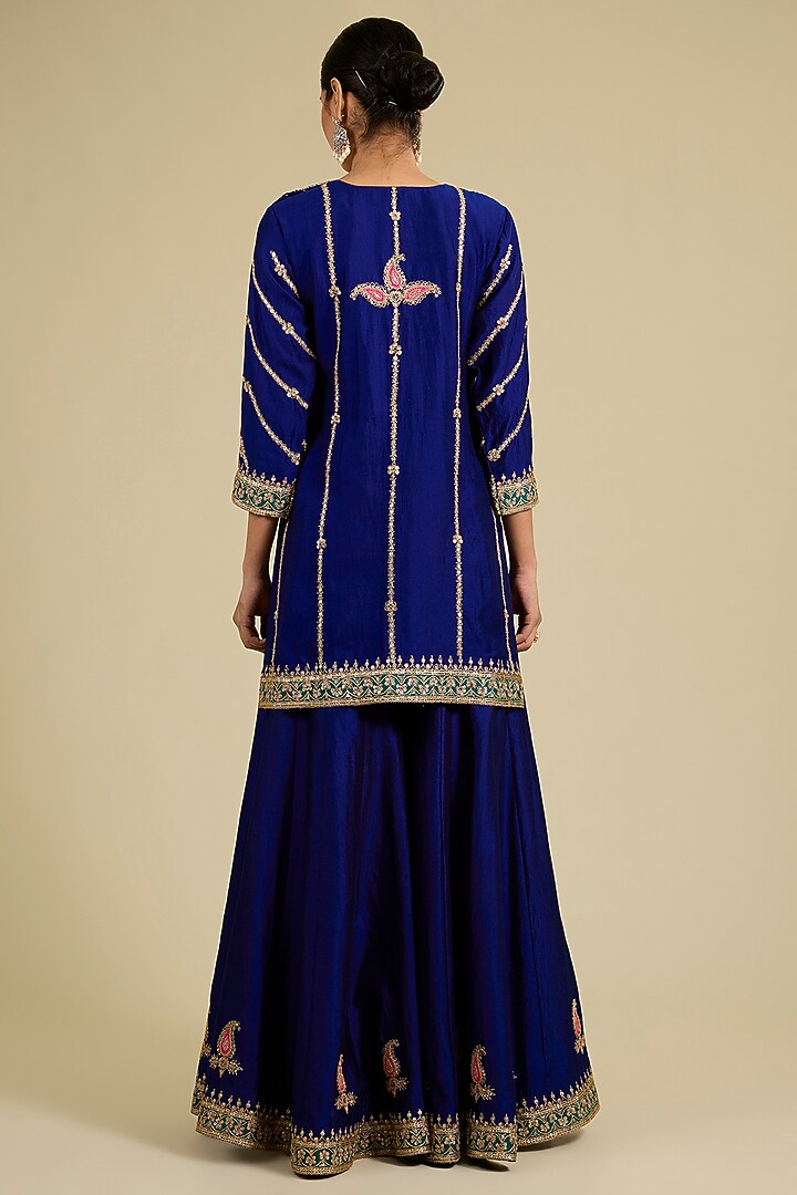 Deep Blue Spun Silk Marori Work Bridal Sharara Set by SURBHI SHAH at Pernia's Pop Up Shop