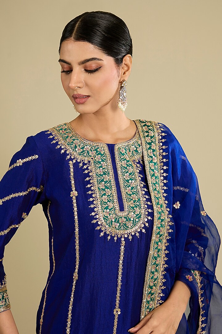 Deep Blue Spun Silk Marori Work Bridal Sharara Set by SURBHI SHAH at Pernia's Pop Up Shop