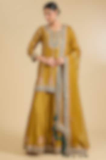 Mustard Yellow Spun Silk Marori Work Bridal Sharara Set by Surbhi Shah at Pernia's Pop Up Shop