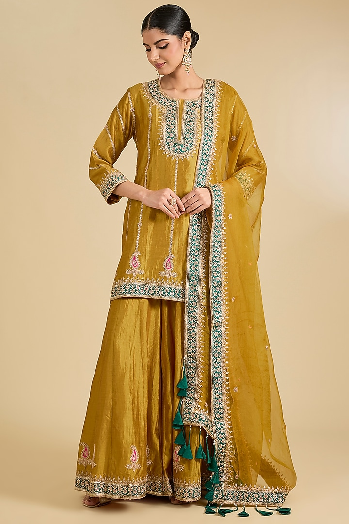Mustard Yellow Spun Silk Marori Work Bridal Sharara Set by Surbhi Shah at Pernia's Pop Up Shop