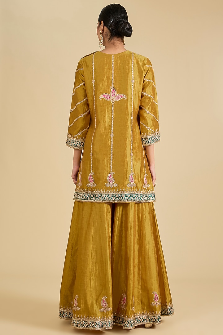 Mustard Yellow Spun Silk Marori Work Bridal Sharara Set by Surbhi Shah at Pernia's Pop Up Shop