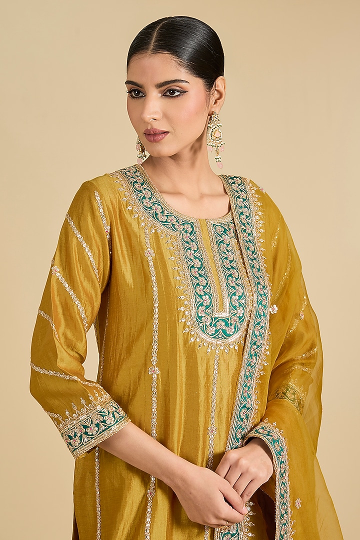 Mustard Yellow Spun Silk Marori Work Bridal Sharara Set by Surbhi Shah at Pernia's Pop Up Shop