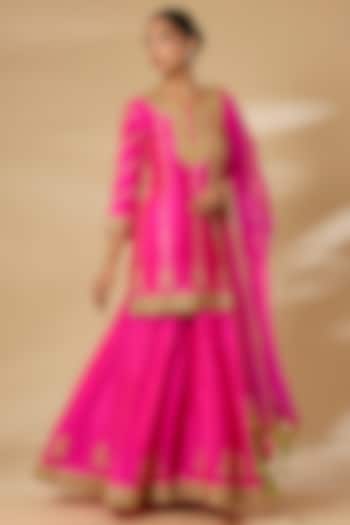 Hot Pink Spun Silk Embroidered Bridal Sharara Set by SURBHI SHAH at Pernia's Pop Up Shop