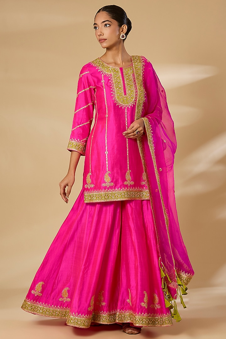 Hot Pink Spun Silk Embroidered Bridal Sharara Set by SURBHI SHAH at Pernia's Pop Up Shop