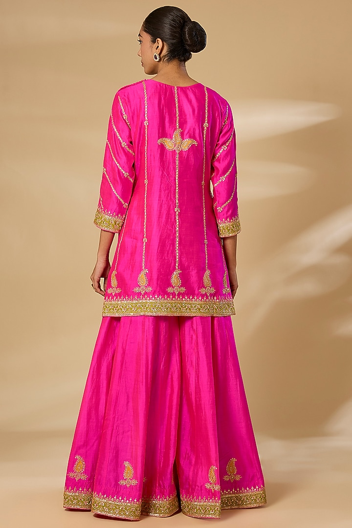 Hot Pink Spun Silk Embroidered Bridal Sharara Set by SURBHI SHAH at Pernia's Pop Up Shop