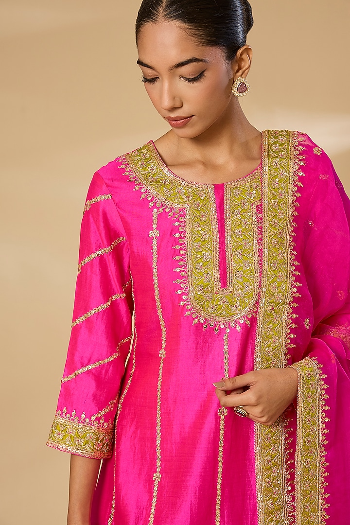 Hot Pink Spun Silk Embroidered Bridal Sharara Set by SURBHI SHAH at Pernia's Pop Up Shop