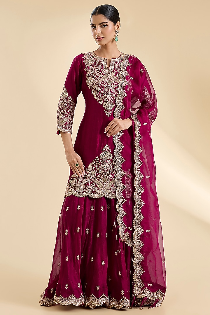 Maroon Spun Silk Sequins Work Bridal Sharara Set by SURBHI SHAH at Pernia's Pop Up Shop