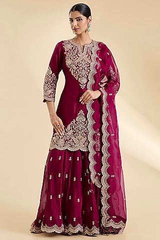 Maroon Spun Silk Sequins Work Sharara Set by SURBHI SHAH