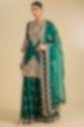Emerald Green Spun Silk & Organza Sequins Work Bridal Sharara Set by Surbhi Shah at Pernia's Pop Up Shop