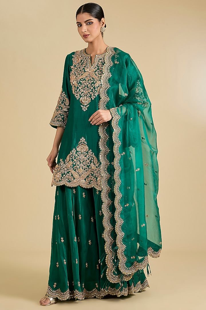 Emerald Green Spun Silk & Organza Sequins Work Bridal Sharara Set by Surbhi Shah at Pernia's Pop Up Shop