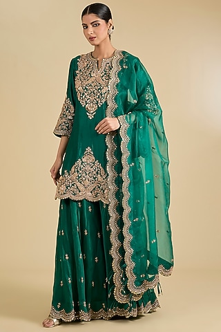 Emerald Green Spun Silk & Organza Sequins Work Sharara Set by Surbhi Shah