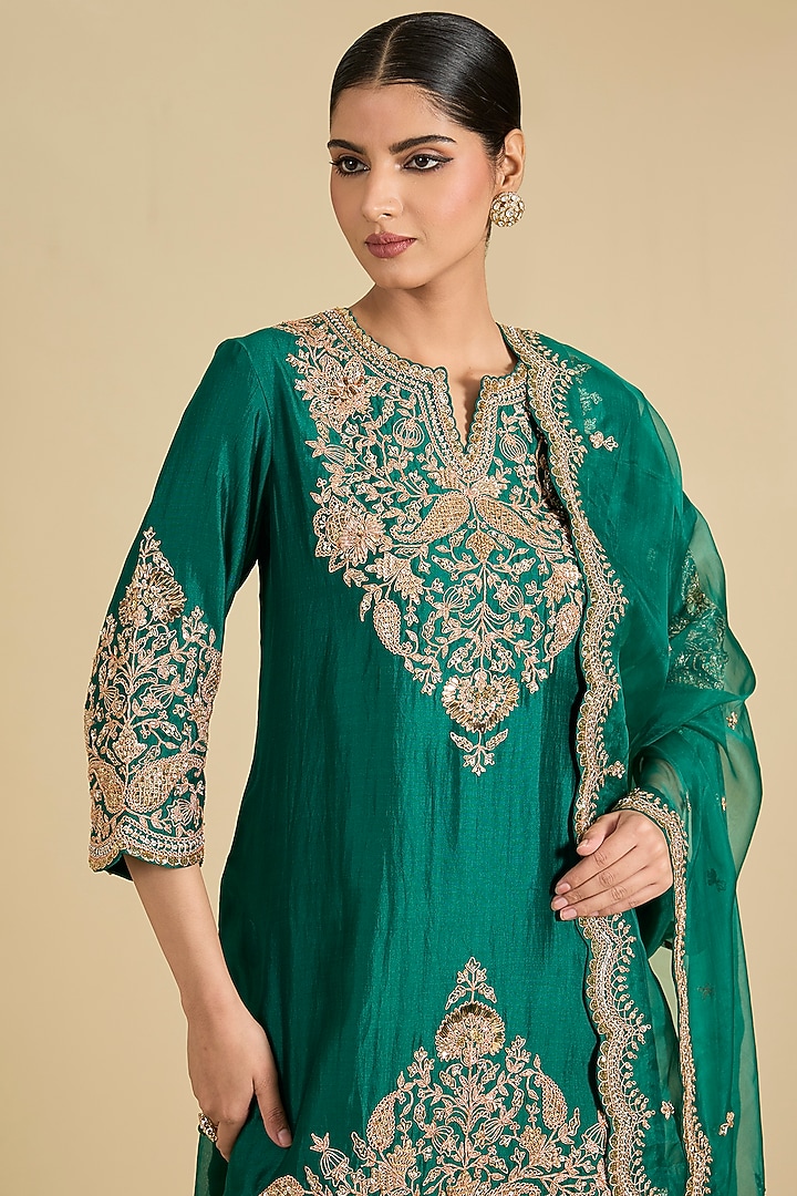 Emerald Green Spun Silk & Organza Sequins Work Bridal Sharara Set by Surbhi Shah at Pernia's Pop Up Shop