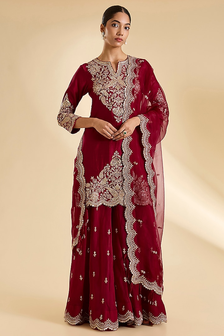 Maroon Organza Bridal Sharara Set by SURBHI SHAH at Pernia's Pop Up Shop