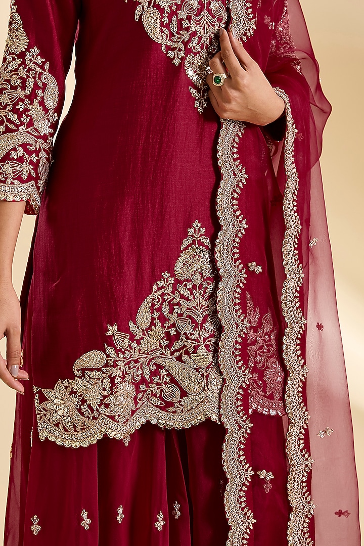 Maroon Organza Bridal Sharara Set by SURBHI SHAH at Pernia's Pop Up Shop