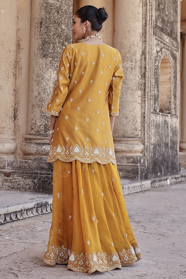 Mustard Silk Organza Zardosi Work Bridal Sharara Set by SURBHI SHAH at Pernia's Pop Up Shop