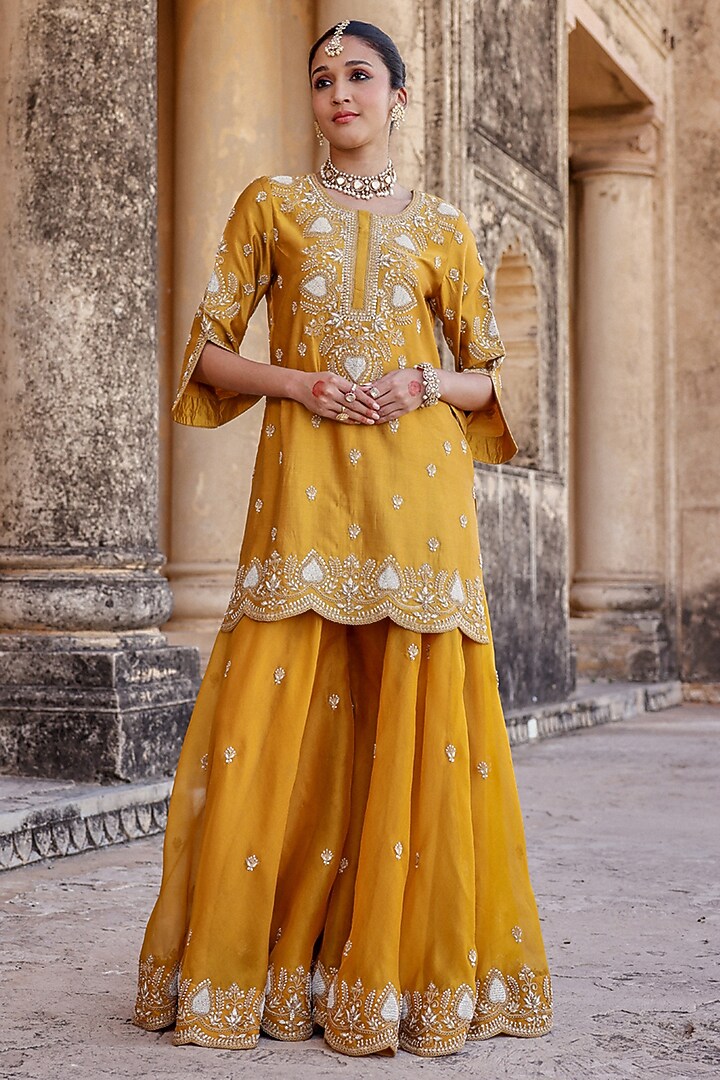Mustard Silk Organza Zardosi Work Bridal Sharara Set by SURBHI SHAH at Pernia's Pop Up Shop