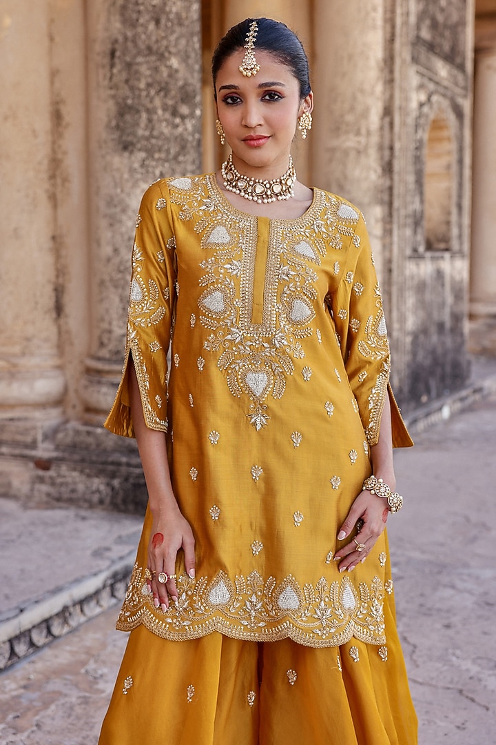 Mustard Silk Organza Zardosi Work Bridal Sharara Set by SURBHI SHAH at Pernia's Pop Up Shop