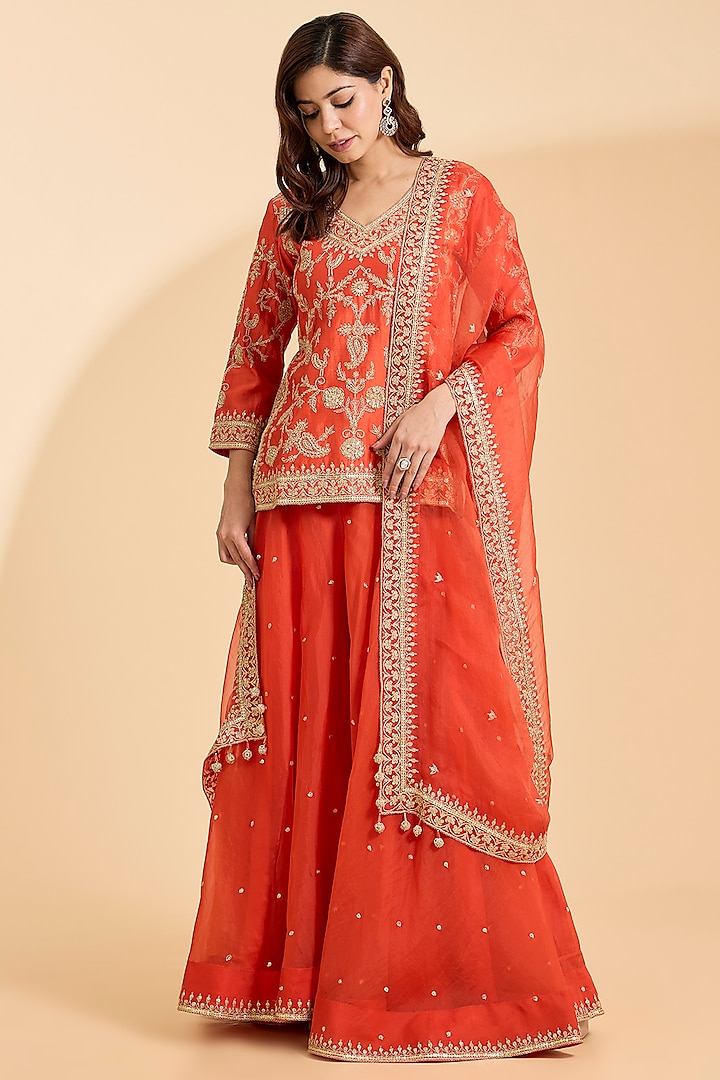 Orange Spun Silk Marori Work Bridal Sharara Set by Surbhi Shah at Pernia's Pop Up Shop