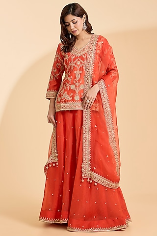 Orange Spun Silk Marori Work Sharara Set by Surbhi Shah