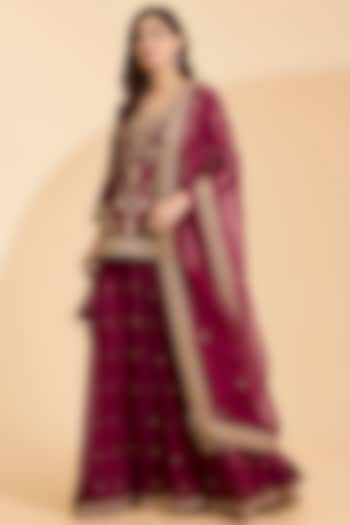 Maroon Spun Silk Marori Work Bridal Sharara Set by Surbhi Shah at Pernia's Pop Up Shop