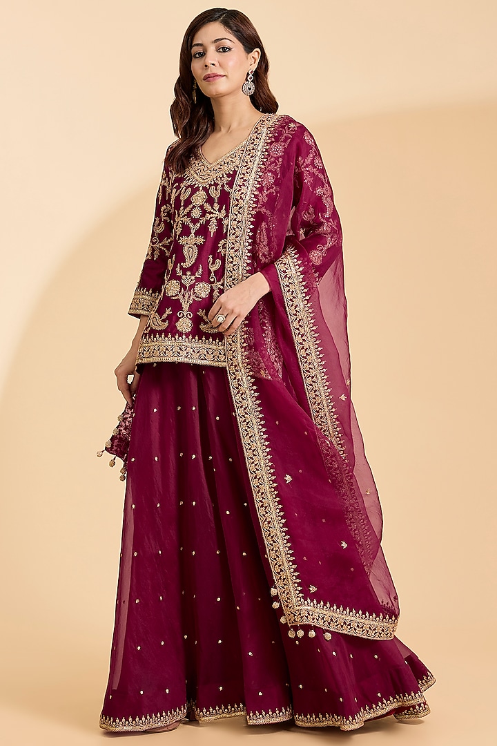 Maroon Spun Silk Marori Work Bridal Sharara Set by Surbhi Shah at Pernia's Pop Up Shop