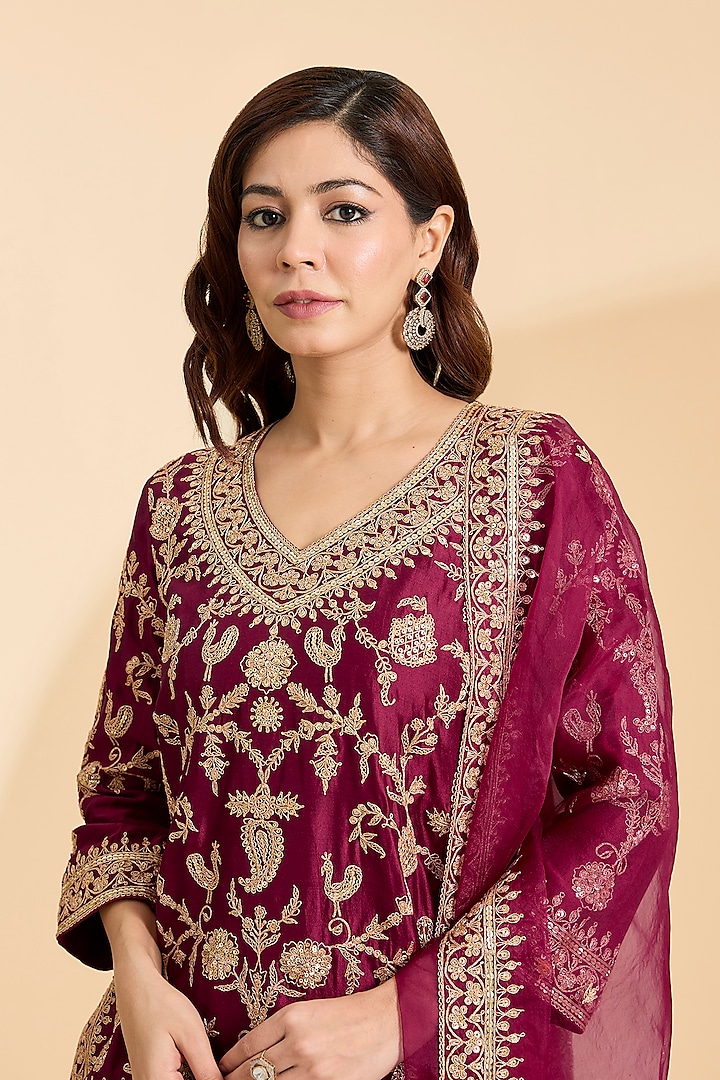 Maroon Spun Silk Marori Work Bridal Sharara Set by Surbhi Shah at Pernia's Pop Up Shop