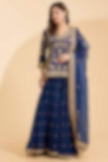 Navy Blue Spun Silk Marori Work Bridal Sharara Set by Surbhi Shah at Pernia's Pop Up Shop